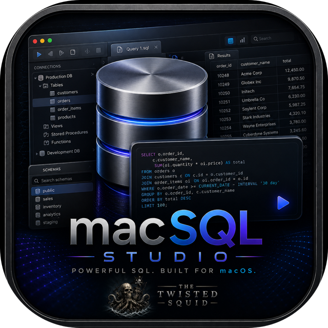 The macSQL Studio application icon: a query window and result grid over a steel database disc.